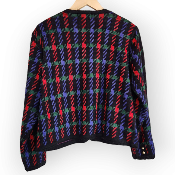 Vintage Worthington Black Red Green Houndstooth Plaid Button Down Cardigan M - Picture 6 of 8